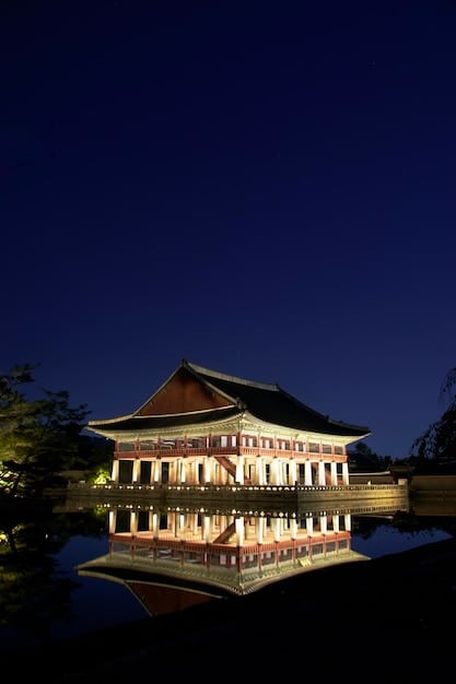 Gyeongbokgung Palace captured in the golden hour, highlighting its traditional Korean architecture with a modern cityscape visible in the background. Tourists dressed in hanboks are strolling through the courtyard, creating a blend of historical and contemporary culture.