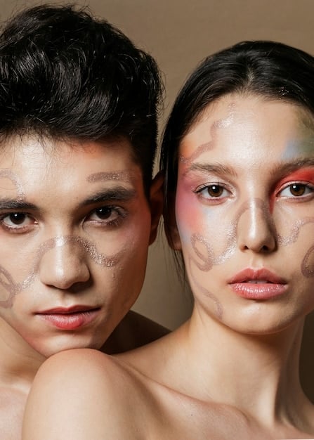 A split-image showcasing the difference between heavy, full-coverage makeup and the light, dewy makeup favored in Korean dramas. The left side shows a face with matte skin, heavily contoured features, and bold eye makeup. The right side shows a face with dewy skin, natural-looking blush, and subtle eye makeup, mimicking the K-drama aesthetic.