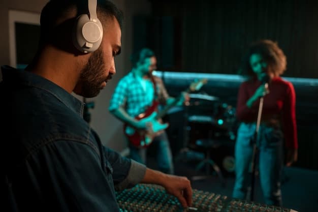 A close-up of a composer or music producer in a recording studio, surrounded by mixing equipment and musical instruments, intensely focused on creating a K-drama soundtrack. The image should convey the artistry, dedication, and technical skill involved in producing high-quality OSTs.