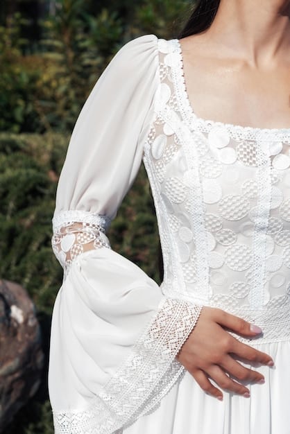Close-up of a white Korean-style wedding dress with intricate lace sleeves, as seen in a popular K-drama. The focus is on the delicate craftsmanship and elegant design.