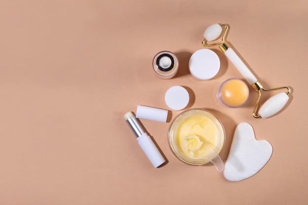 A detailed close-up shot of an array of skincare products specifically labeled for 