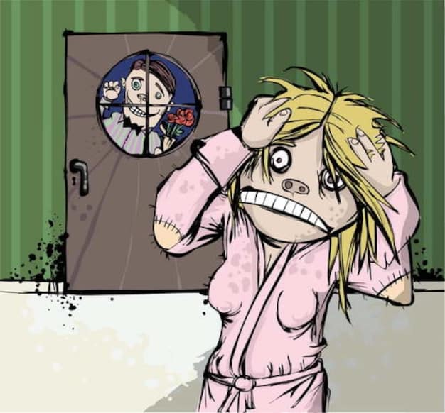A manga-style illustration depicting a blushing character bowing apologetically, illustrating self-deprecating humor.