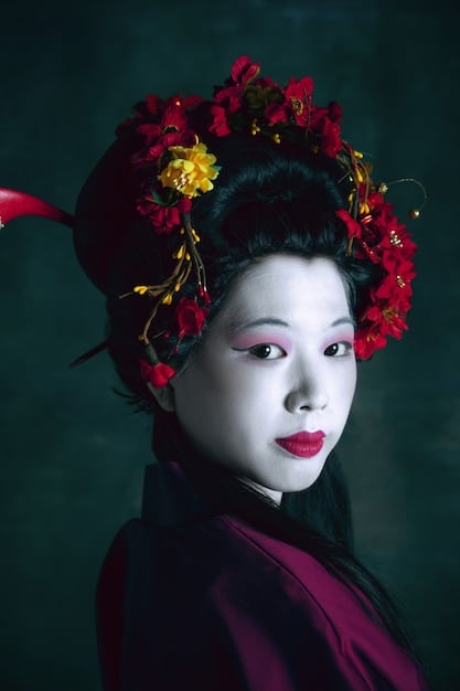 A close-up shot of a female character in a historical Japanese drama, wearing a traditional kimono and elaborate hairstyle, showcasing the elegance and detail of the costumes and makeup.