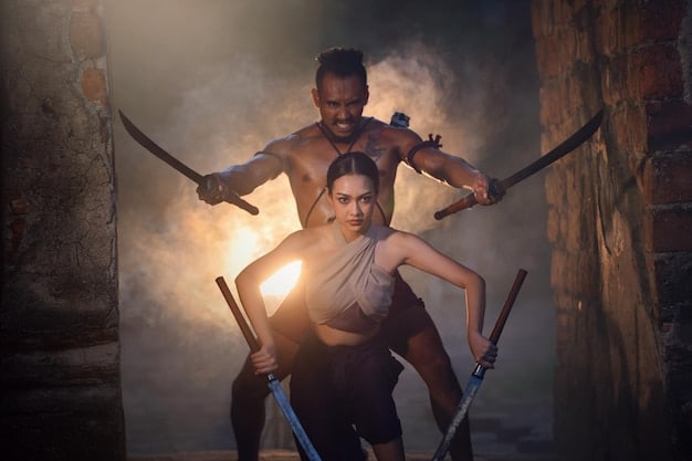 A dynamic action shot of a samurai duel in a historical Japanese drama, highlighting the intensity and skill involved in the sword fighting choreography.