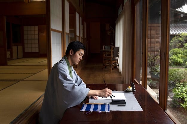 A person sitting at a desk with a notebook, pen, and laptop. The laptop displays a paused scene from a Japanese drama with Japanese subtitles. The person is writing down notes from the scene.