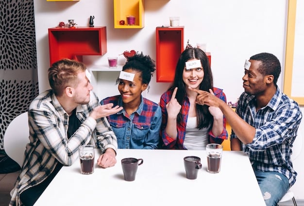 A group of fan club members are gathered around a table, laughing and chatting animatedly. They are holding up Japanese snacks and drinks, and there are posters of popular J-dramas on the wall behind them. The atmosphere is lively and friendly.