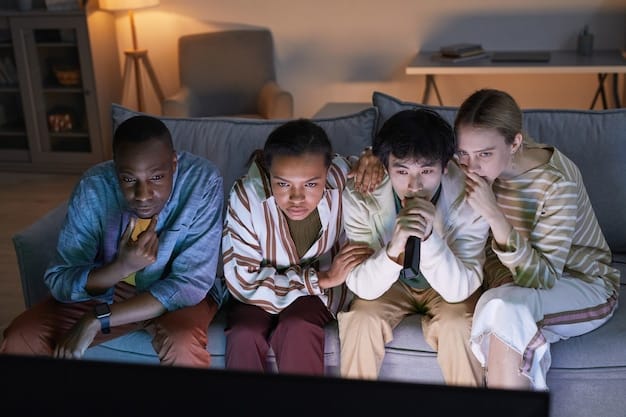 A diverse group of people watching TV together on a couch, representing global viewership and shared emotional experiences.