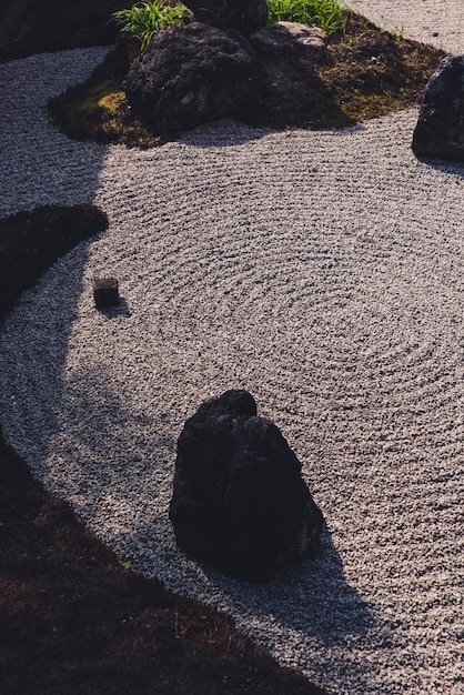 A serene Japanese zen garden with carefully raked gravel and stones, evoking tranquility often found in dramatic meditative scenes.