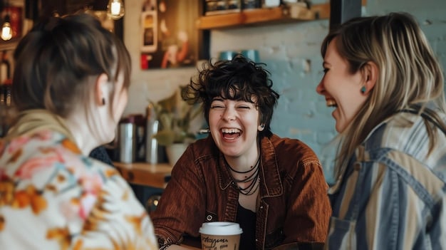 A group of friends laughing together in a café, engrossed in conversation, showcasing casual Japanese dialogue interactions.