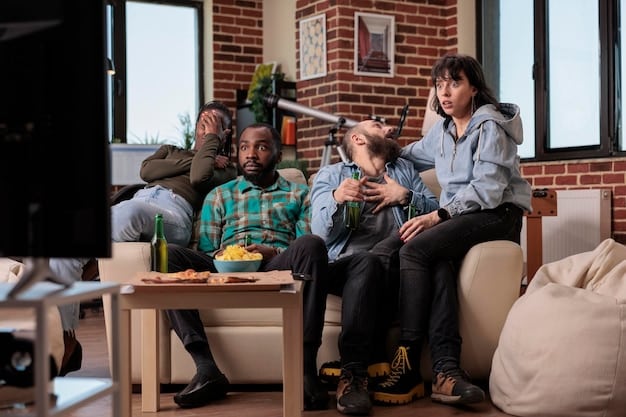 A diverse group of friends gathered on a couch, intently watching a Japanese drama on a large TV screen. Some are smiling or reacting emotionally to the scene, indicating strong engagement and comprehension facilitated by clear subtitles.
