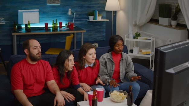 A family gathered around a smart TV, with each member also using a different device like a tablet, laptop, and smartphone, all displaying content from a streaming service.