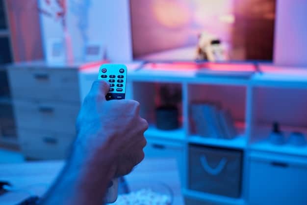 A person using a smart speaker to control a smart TV displaying a streaming service, with smart lights in the background creating an ambient glow.
