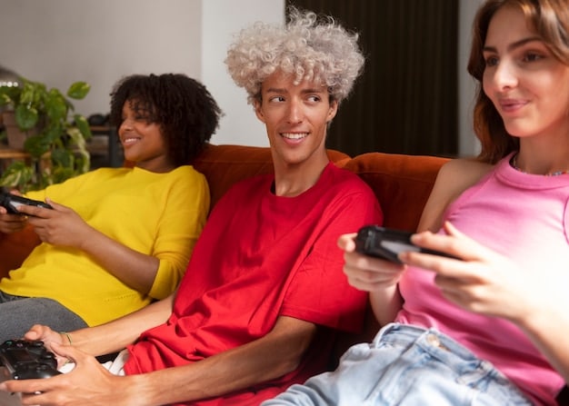 A diverse group of people watching different streaming content on various devices (TV, tablet, phone), highlighting content personalization and multi-device access.