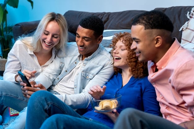 A diverse group of people on a couch watching streaming content together, with one person using closed captions and another using a screen reader on their phone, emphasizing inclusivity and accessibility.