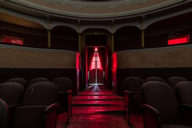 A classic movie theater interior with plush red seats, a large screen displaying a vintage film, and a crowd of eager audience members awaiting the drama to unfold.