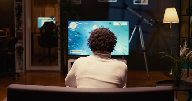 A person working on a computer with subtitling software open, showing timecodes, text, and waveforms. The screen also displays a scene from a movie in the background.