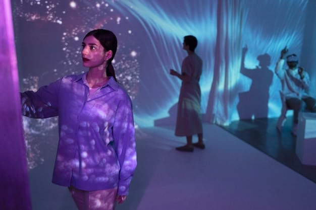 A futuristic interface displaying holographic projections of characters and storylines, symbolizing the future of interactive dramatic narratives using AI and VR.