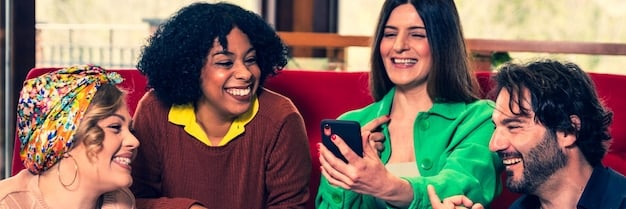 A diverse group of people looking at their phones and tablets, some smiling, some thoughtful, representing varied audience engagement with digital content.
