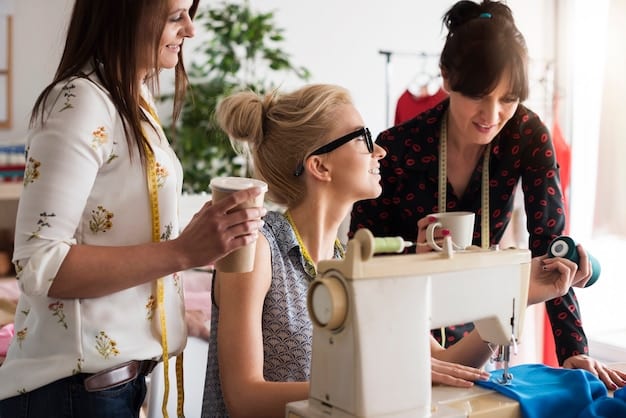 A bustling costume workshop with designers and seamstresses working on various garments for a drama production, showing bolts of fabric and sewing machines.