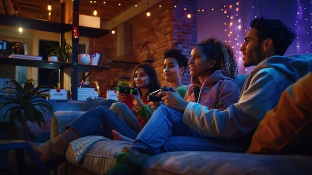 A diverse group of people sitting on a sofa, illuminated by the glow of a large television screen, engaged and reacting to a dramatic scene playing out, representing modern audience engagement with streaming content.