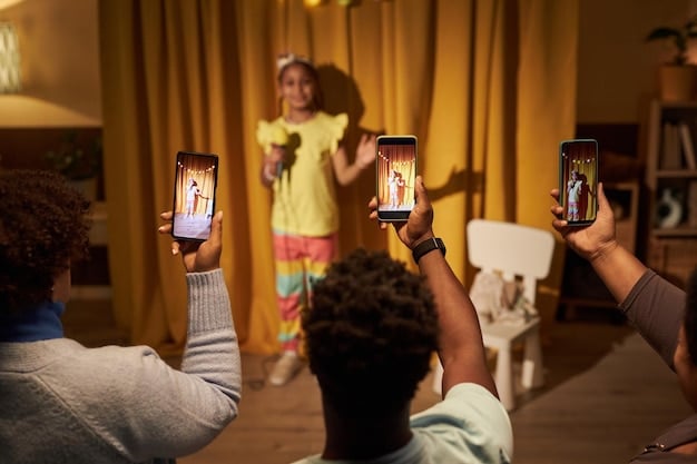 A diverse group of people viewing a theatre performance, some subtly interacting with their phones to capture or review, representing the modern audience's engagement with live theatre and digital commentary.