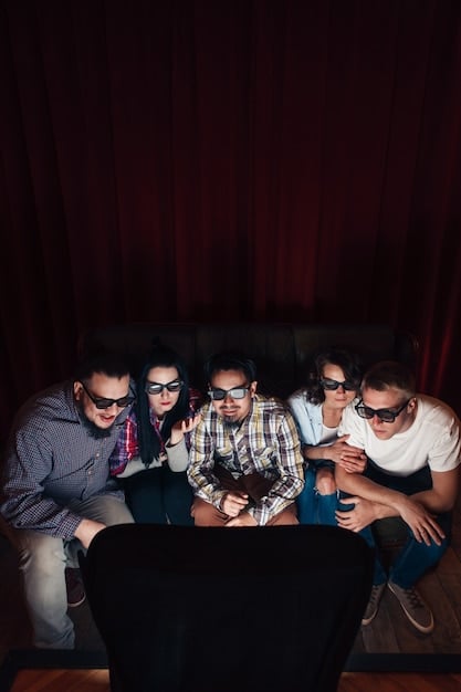 A diverse group of people from different cultural backgrounds watching a K-drama together on a large screen, symbolizing the global reach and varied audience engagement with Korean content.