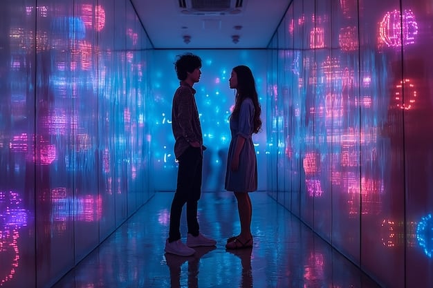 A K-drama character, looking intensely curious, peers through a futuristic, shimmering portal or digital interface, hinting at complex narratives and unexpected revelations.