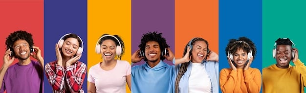 A diverse group of people from different cultural backgrounds happily listening to music on headphones, with subtle K-Drama references in the background, signaling global cultural exchange through music.