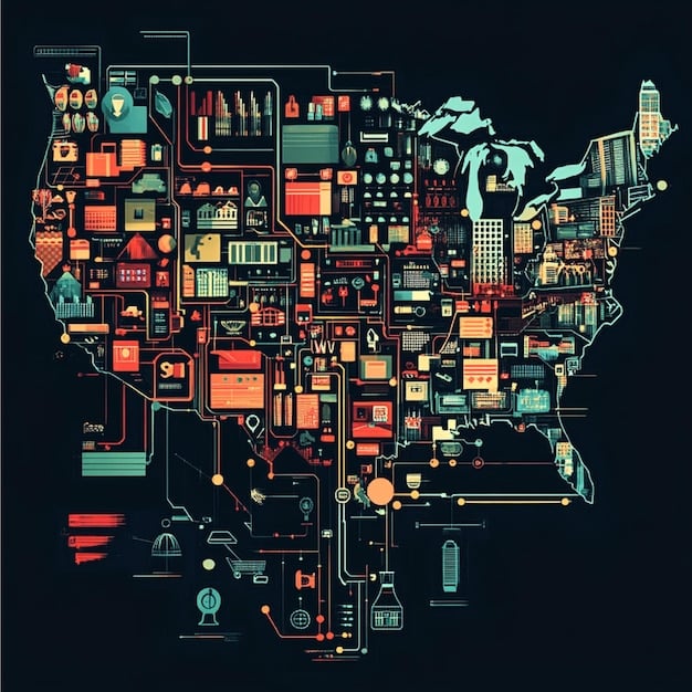 A stylized map of the United States with various streaming service logos placed in different regions, representing content distribution, overlaid with digital circuit lines.