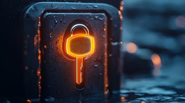 A digital padlock icon being unlocked by a glowing key, with streaming service logos and a US map in the background, symbolizing access to restricted content.