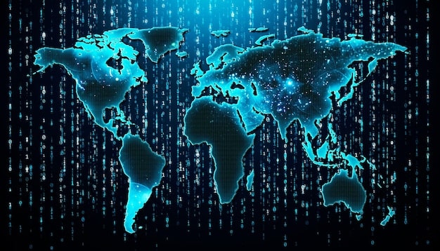 A stylized digital map of the world with glowing lines connecting different streaming servers to user devices, representing content distribution and geo-restrictions.