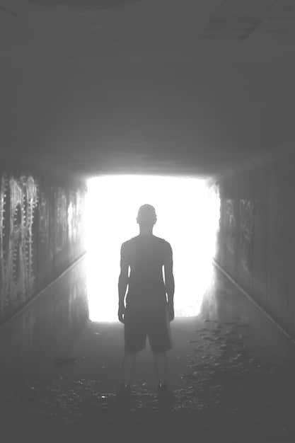 A shadowy figure standing in a dimly lit, distorted hallway, with reflections multiplying eerily in polished surfaces, conveying a sense of psychological unease and fragmented reality.
