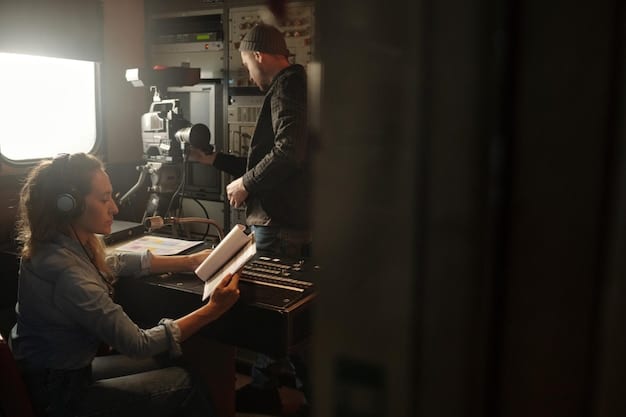 A film composer intently watching a scene from a romantic drama on a large screen in a studio, surrounded by musical instruments and sound mixing equipment.