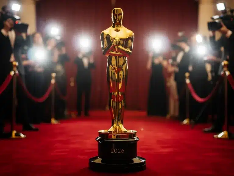 Golden awards statue against a backdrop of a glamorous red carpet event, symbolizing the 2026 Awards Season.