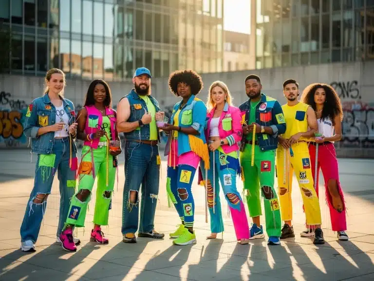 Fashion enthusiasts embracing upcycled and customized clothing trends in 2026, demonstrating sustainable and unique personal style