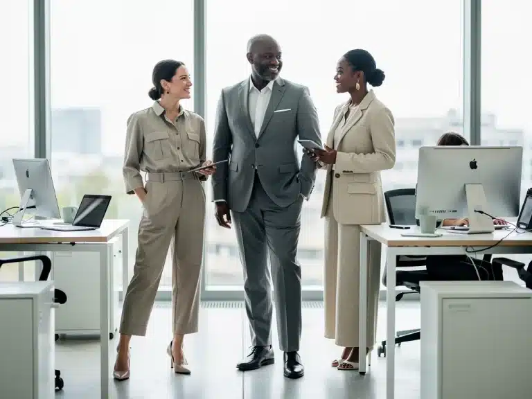 Professionals in stylish, functional 2026 workwear trends in a modern office.