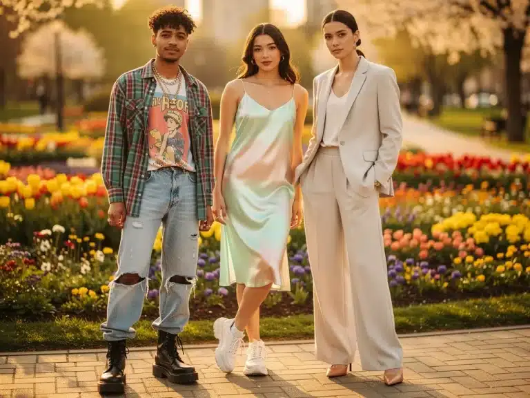 Models showcasing 90s fashion trends for Spring 2026 in a bright outdoor setting