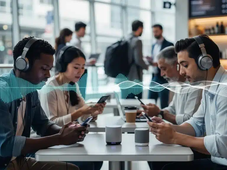 Adults listening to audio news summaries on devices