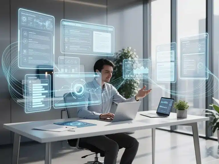AI-powered content creation tools enhancing a digital workflow for increased efficiency and output.