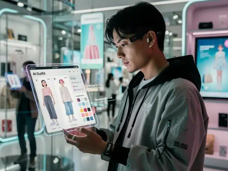 Futuristic individual engaging with AI personalized style app on transparent tablet