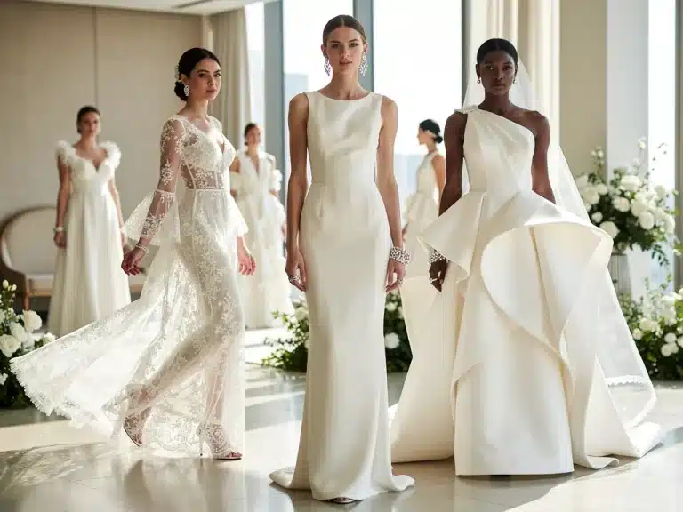 Diverse models showcasing 2026 bridal gown styles: minimalist, ethereal, bold, convertible.