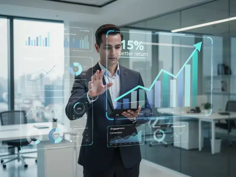 Futuristic interface displaying content ROI metrics and a 15% better return projection for digital media in 2026