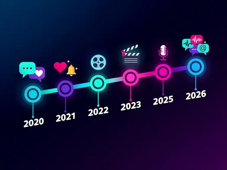 Timeline illustrating the evolution of critical language in US movie reviews from 2020 to 2026, with digital media and audience engagement icons.