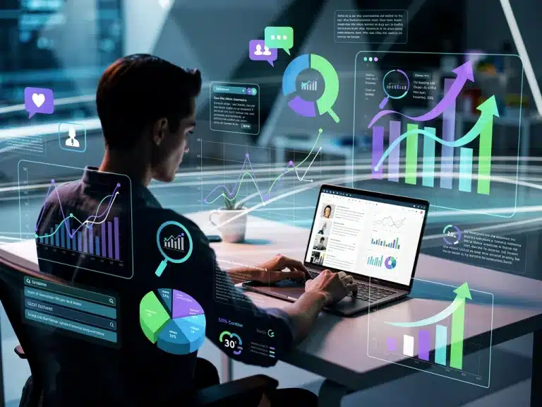 Illustration of data analytics driving content creation for growth