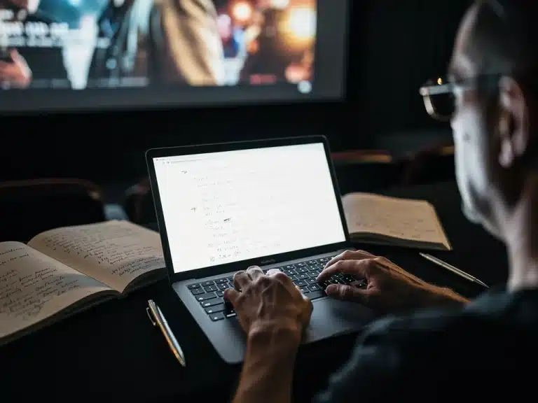 Film critic typing on laptop, highlighting deep analysis of movie elements for 2026 reviews