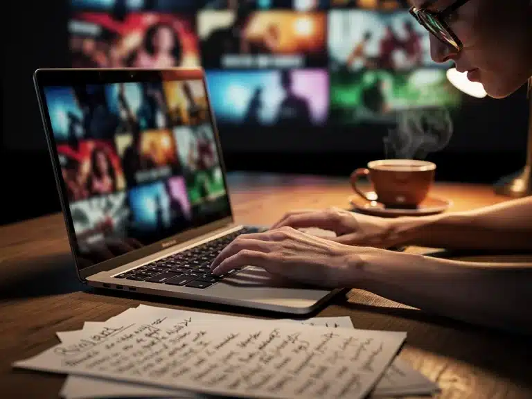 Film critic typing a comprehensive movie review on a laptop with cinematic images in the background.