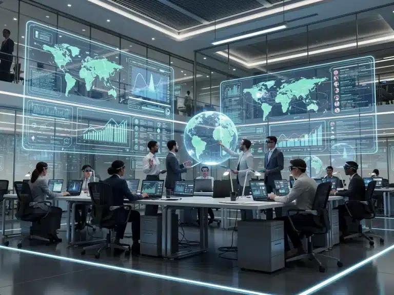 Future digital newsroom with journalists and advanced tech interfaces