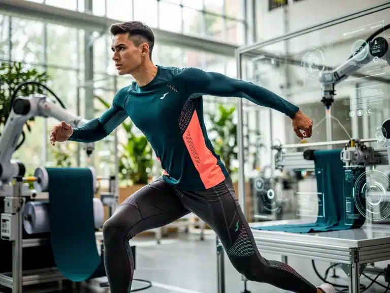 Futuristic activewear made from advanced performance fabrics, demonstrating flexibility and sleek design.