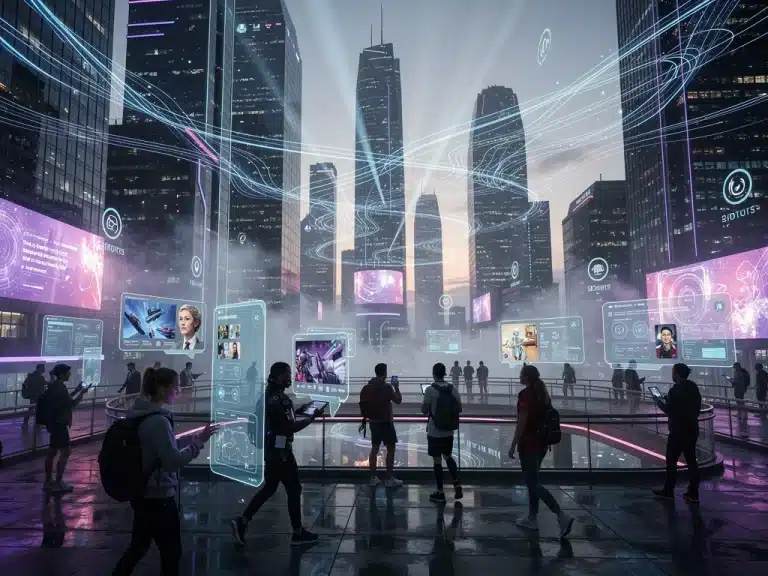 Futuristic digital communication landscape with interconnected platforms and holographic content