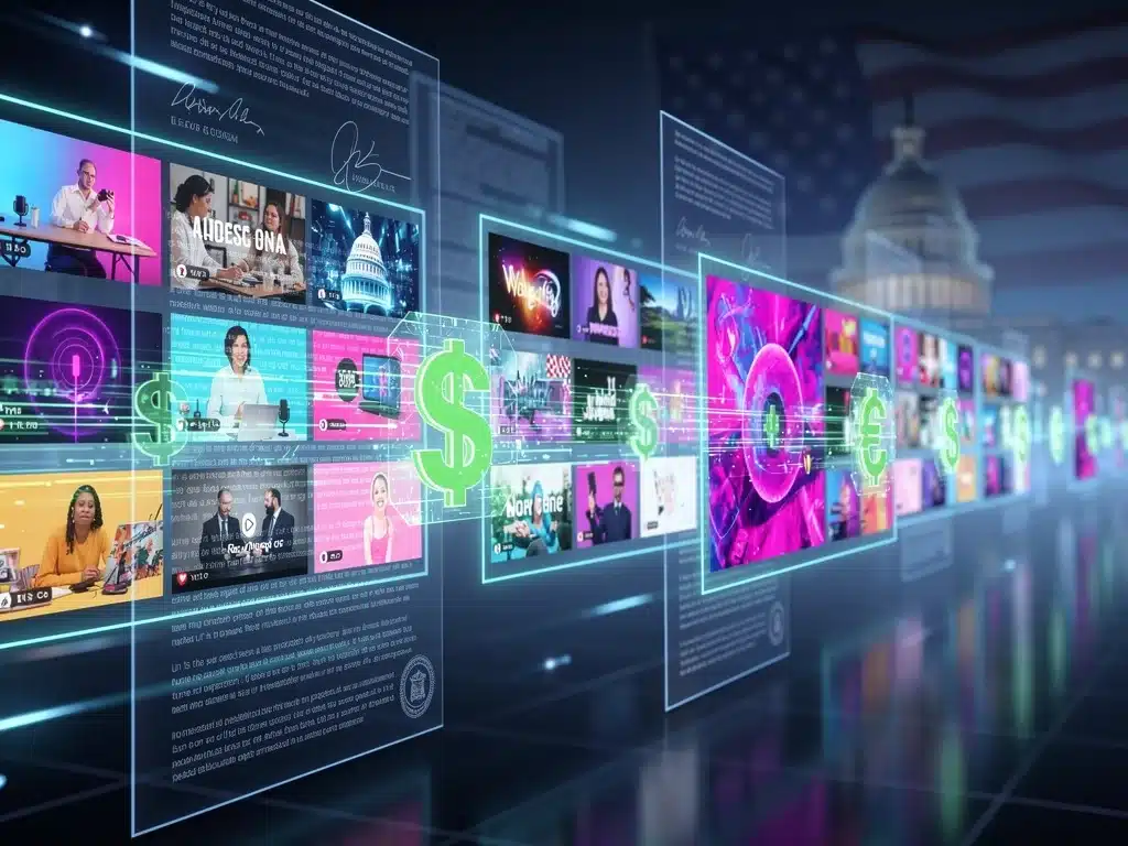 Futuristic digital media landscape with legal overlays affecting content monetization for US creators.